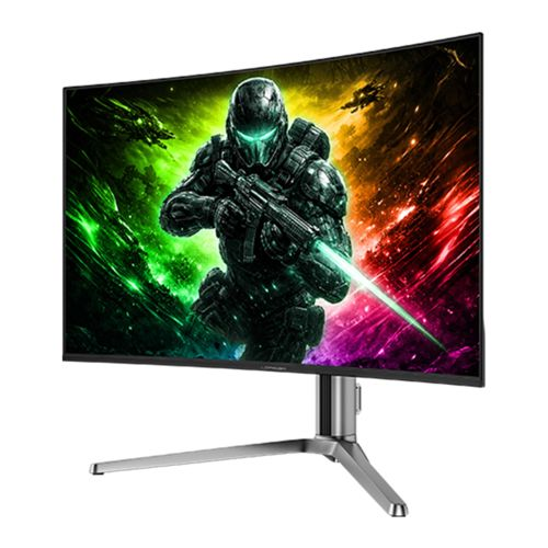 Un guerriero futuristico con una pistola su sfondo colorato su un monitor curvo.