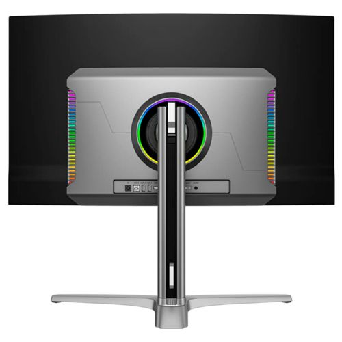 Retro di un monitor con illuminazione RGB e supporto argentato.