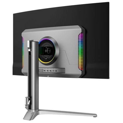 Vista posteriore di un monitor curvo con illuminazione RGB sul supporto e sui lati.