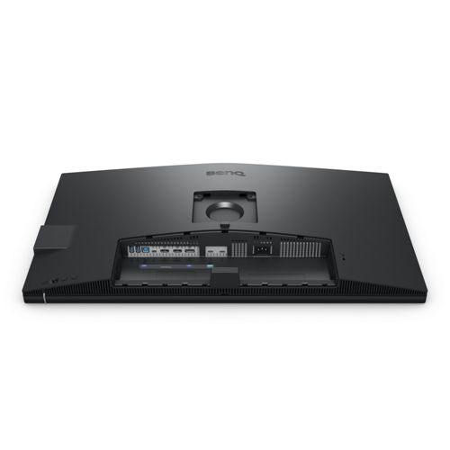 The back of a black monitor featuring ports and ventilation slots.