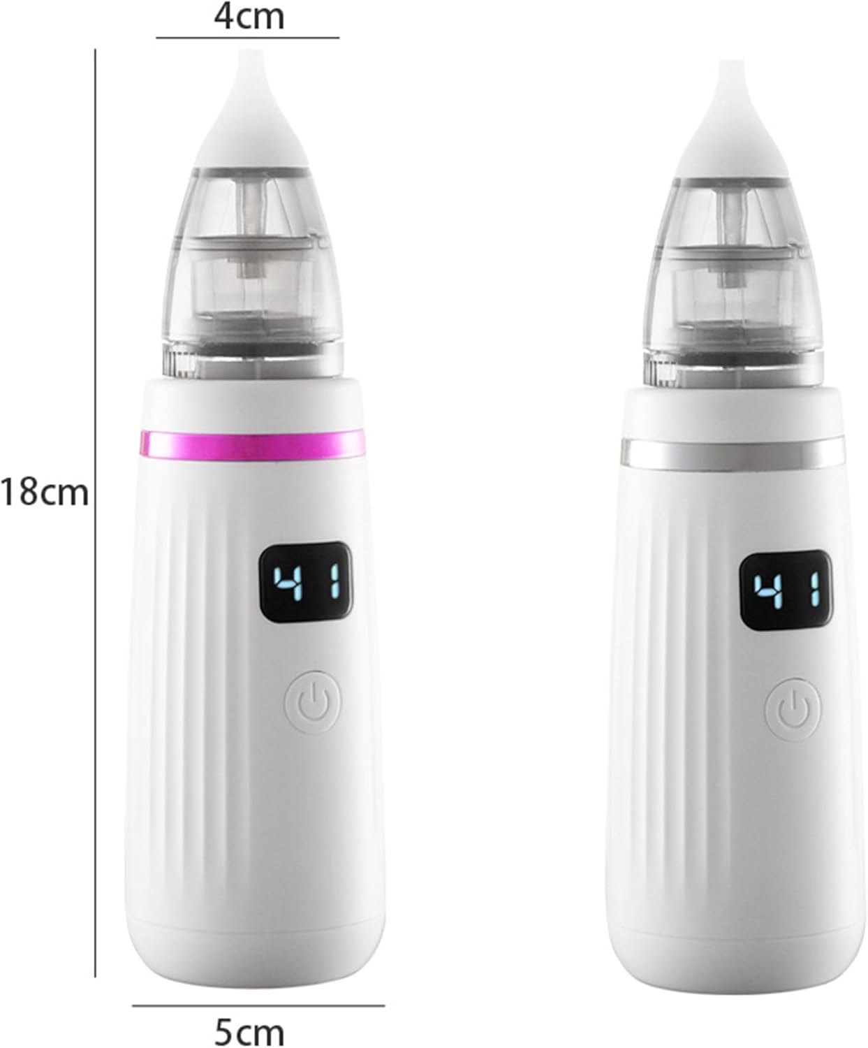 Zwei weiße elektrische Nasensauger mit pinkem Rand und Digitalanzeigen.