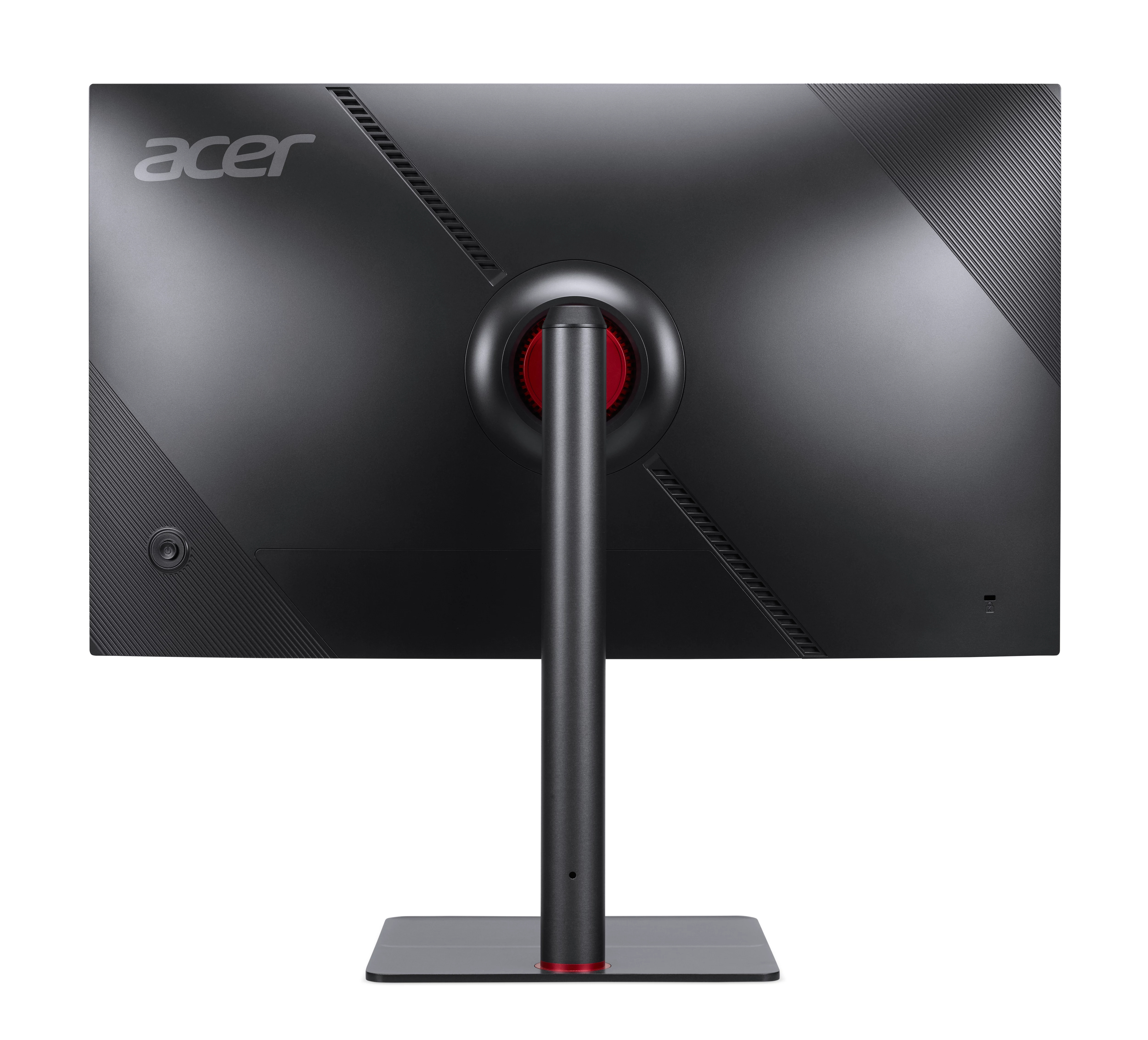 Tył czarnego monitora Acer z czerwonym akcentem na podstawie.