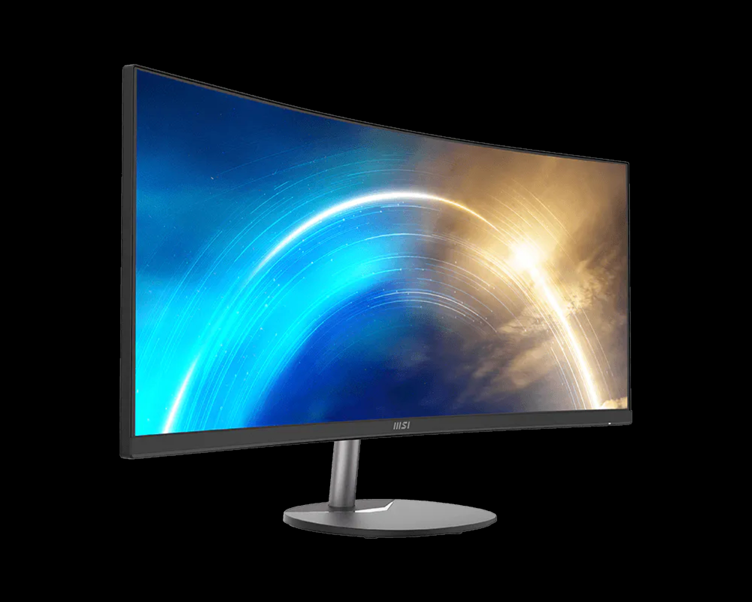 Zakrzywiony monitor MSI wyświetlający abstrakcyjne niebiesko-złote tło.
