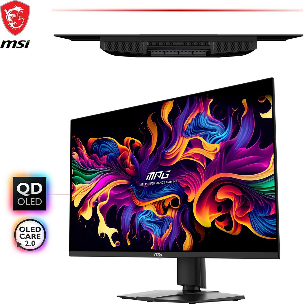 MSI Monitor mit lebendiger abstrakter Kunst-Tapete. QD OLED und OLED CARE 2.0 Logos sichtbar.