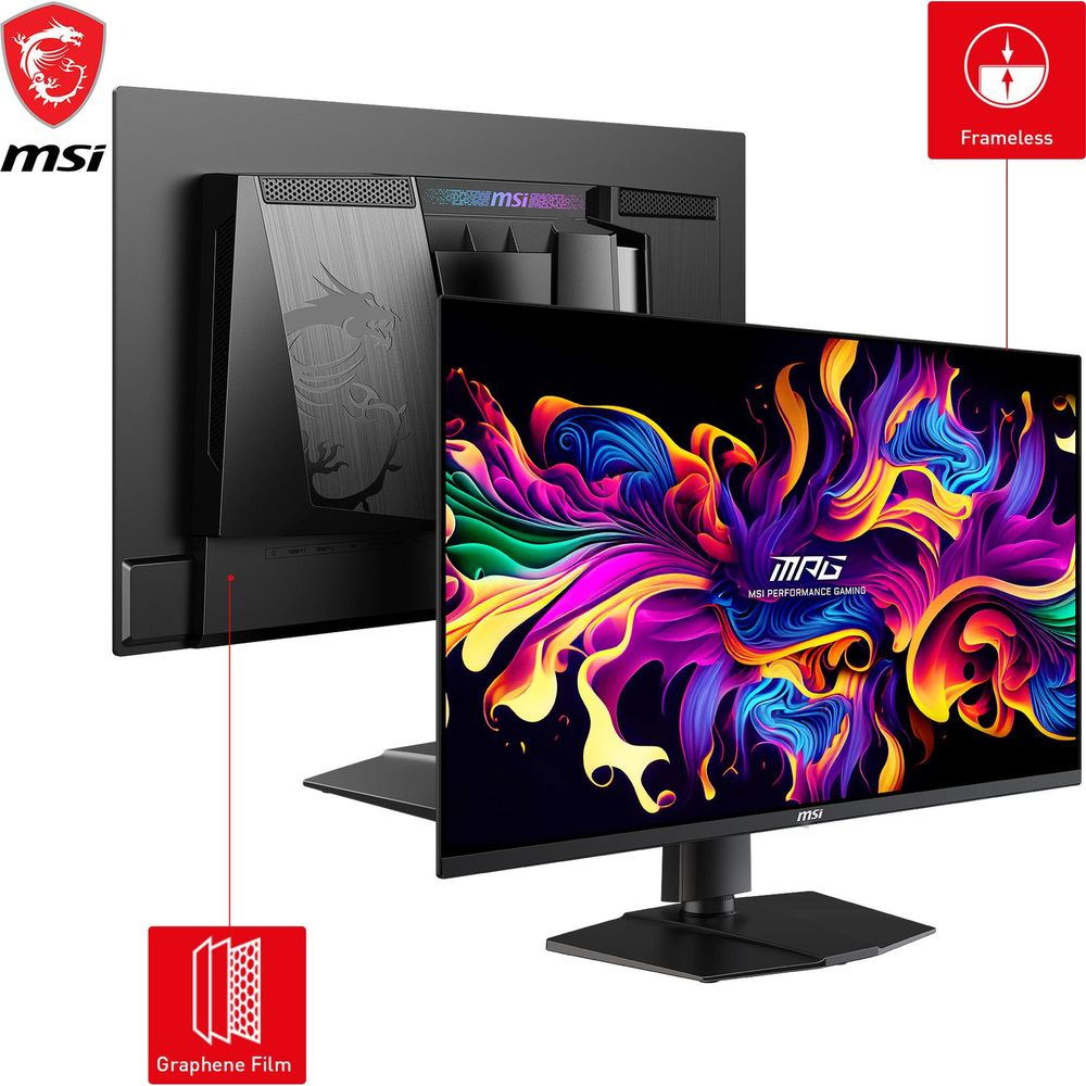 MSI Gaming Monitor mit Drachenlogo auf der Rückseite und farbenfrohem Display.