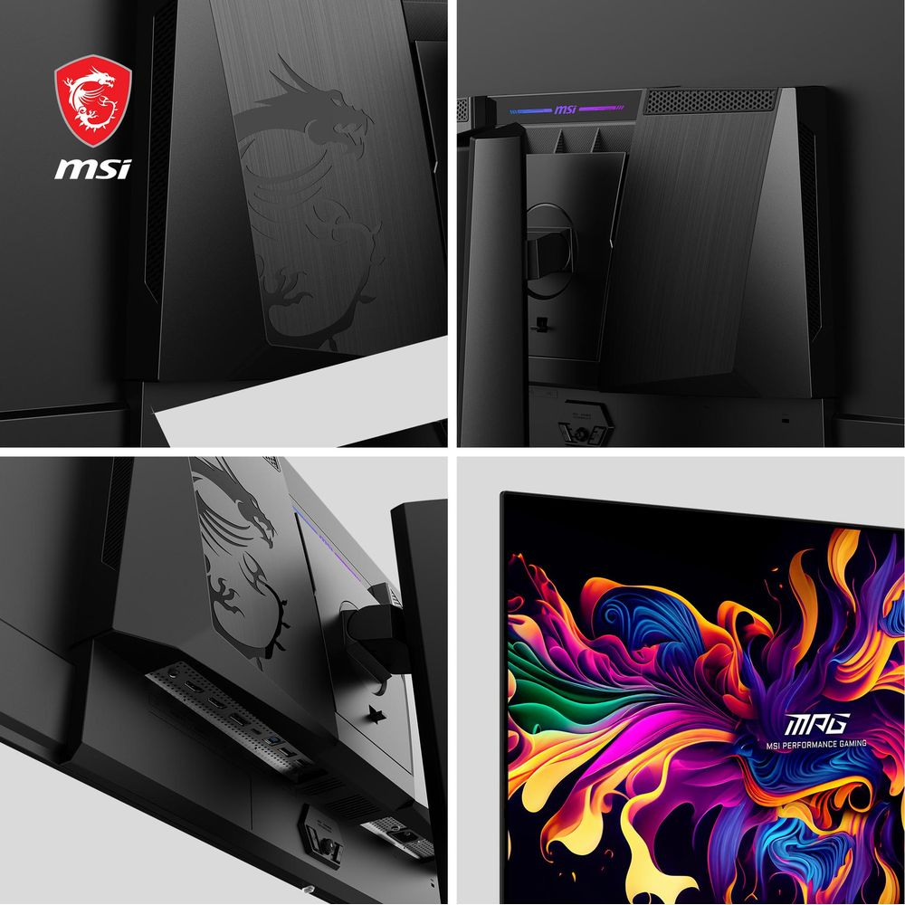 Vier Ansichten eines schwarzen MSI-Monitors mit Drachenlogo und bunter Bildschirmgrafik.