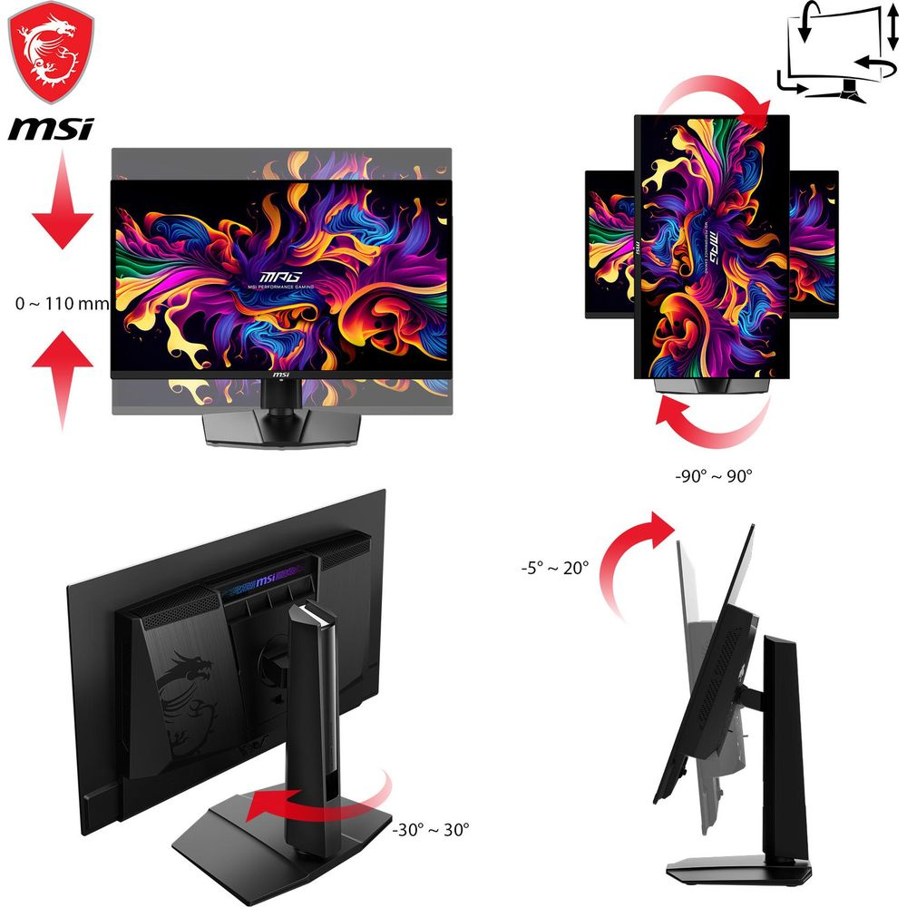 MSI Monitor mit verschiedenen Verstellmöglichkeiten: Höhe, Neigung, Drehung, Schwenkung.
