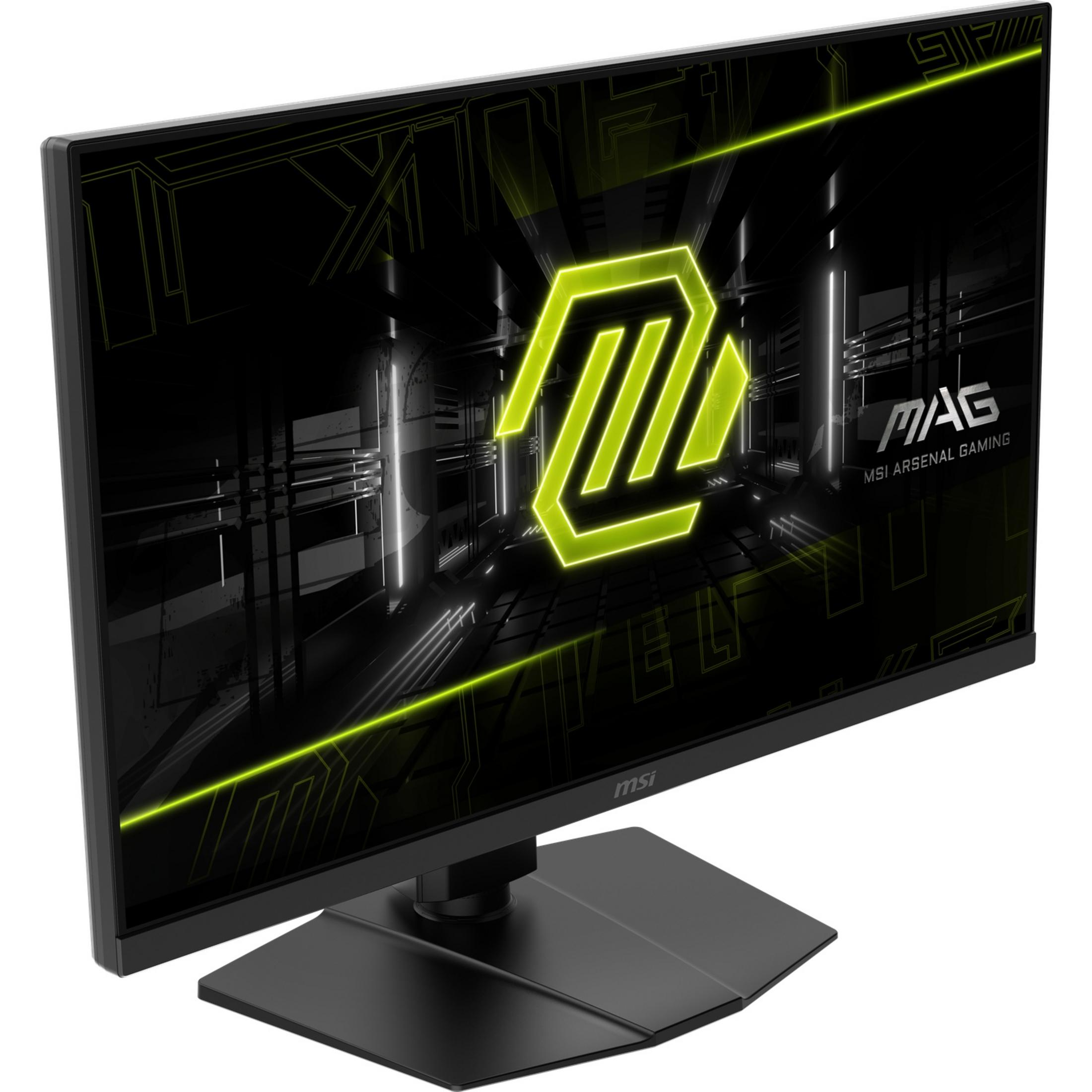 Monitor gaming MSI nero con logo verde brillante su sfondo futuristico.