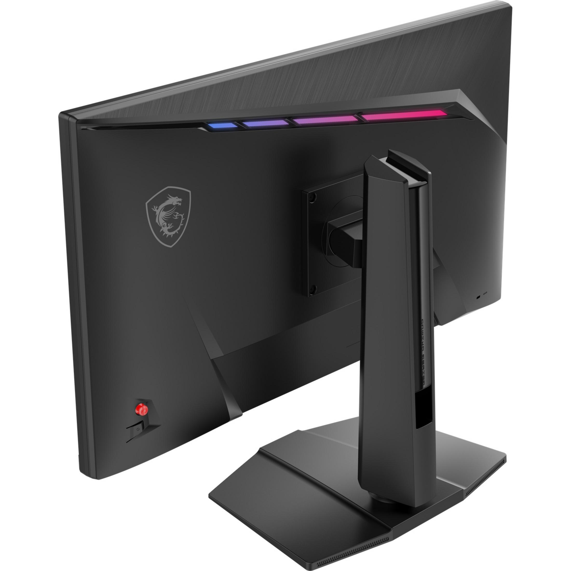 Retro di un monitor nero con logo MSI e illuminazione RGB.