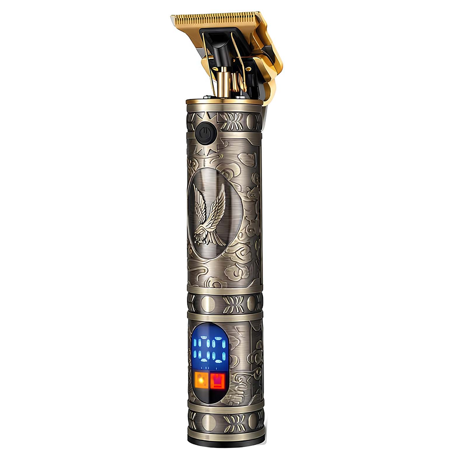 Ein goldener und bronzefarbener Trimmer mit Adlerprägung und digitaler Anzeige.