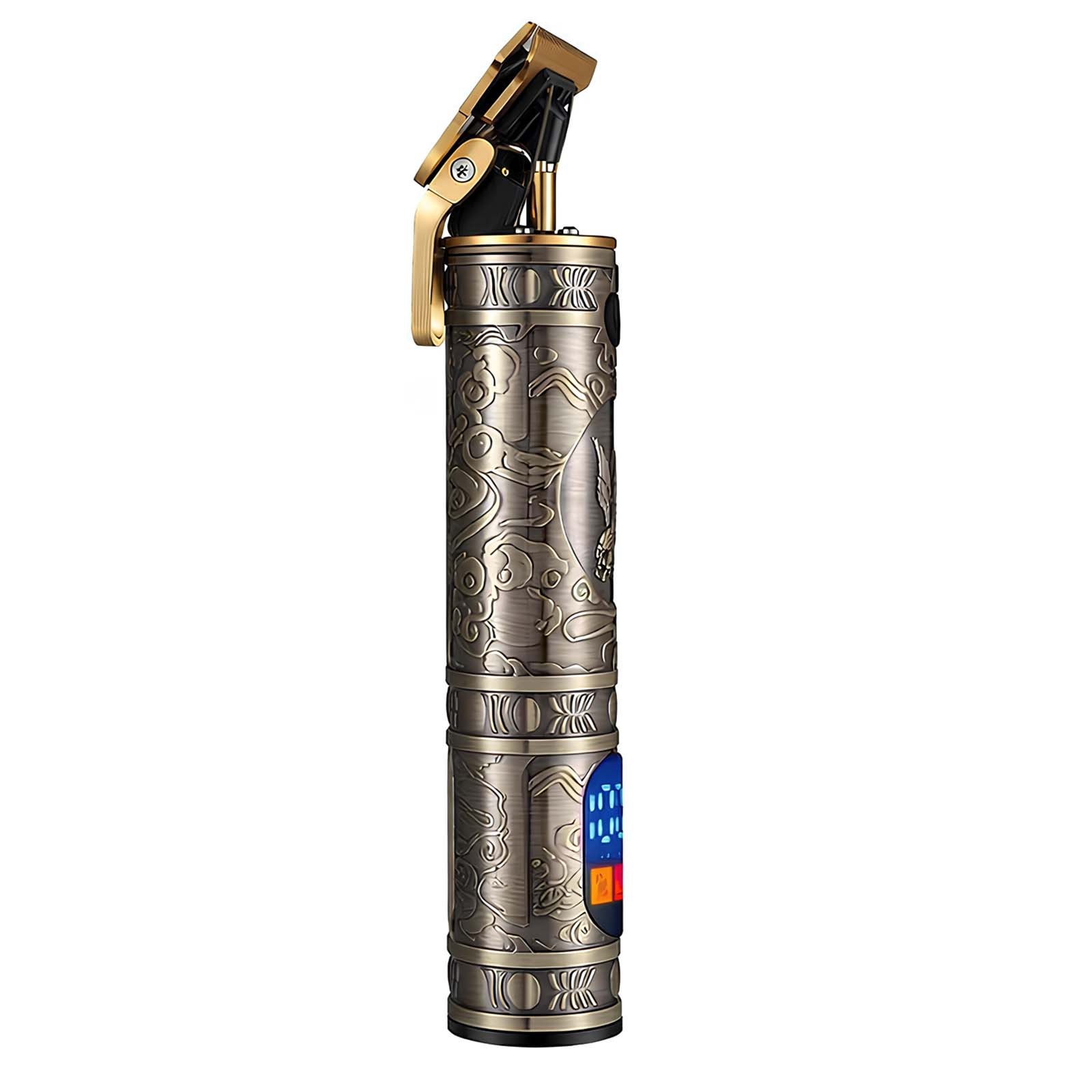 Ein bronzefarbener Haartrimmer mit goldener Klinge und detaillierten Mustern.
