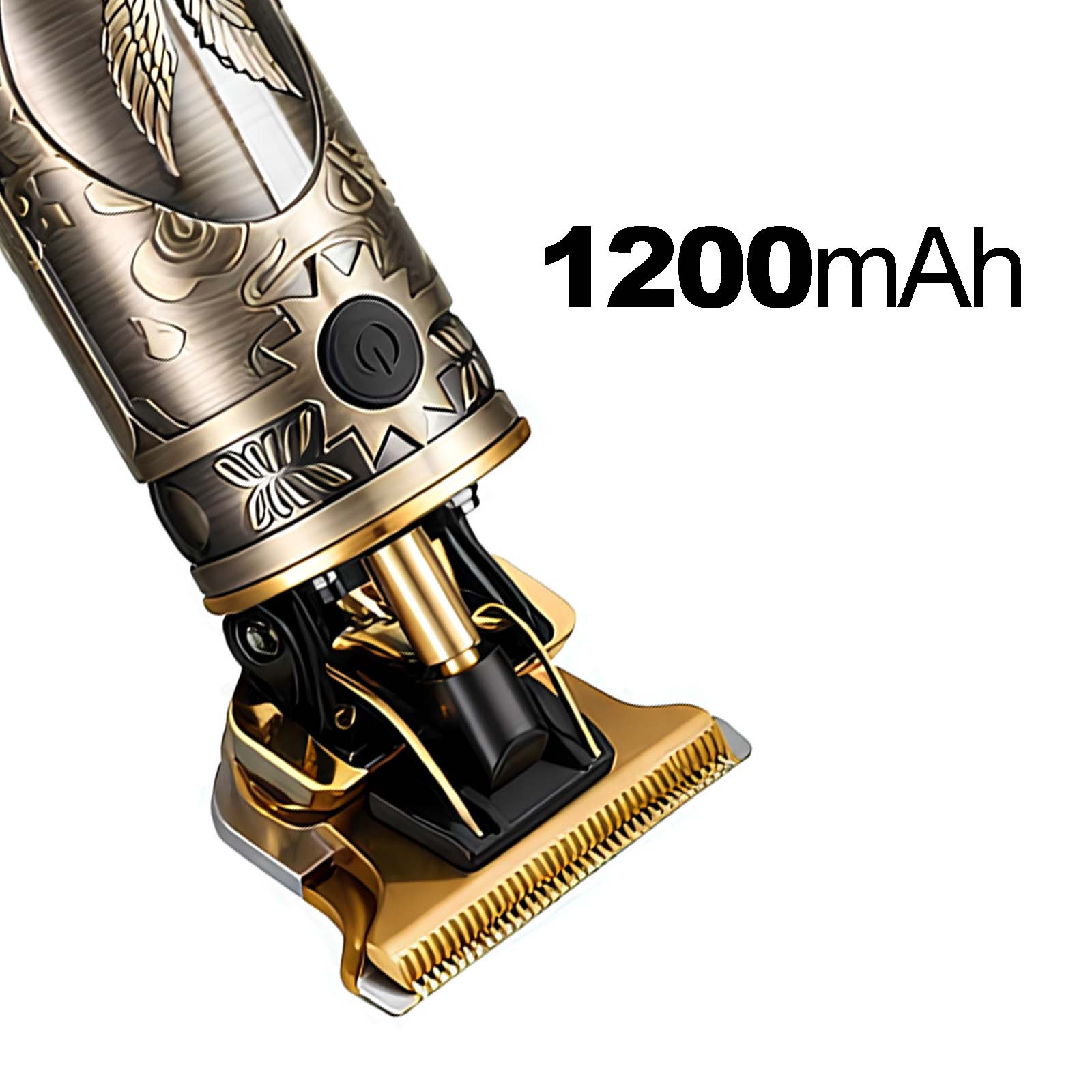 Detailansicht eines goldfarbenen Trimmers mit Flügelmotiv und 1200 mAh.
