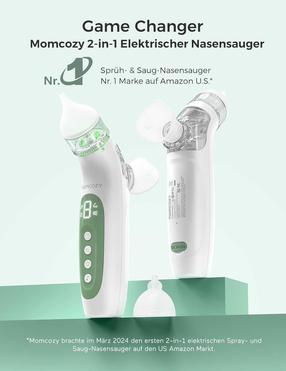 Zwei weiße Momcozy 2-in-1 Nasensauger mit digitaler Anzeige und Knöpfen.