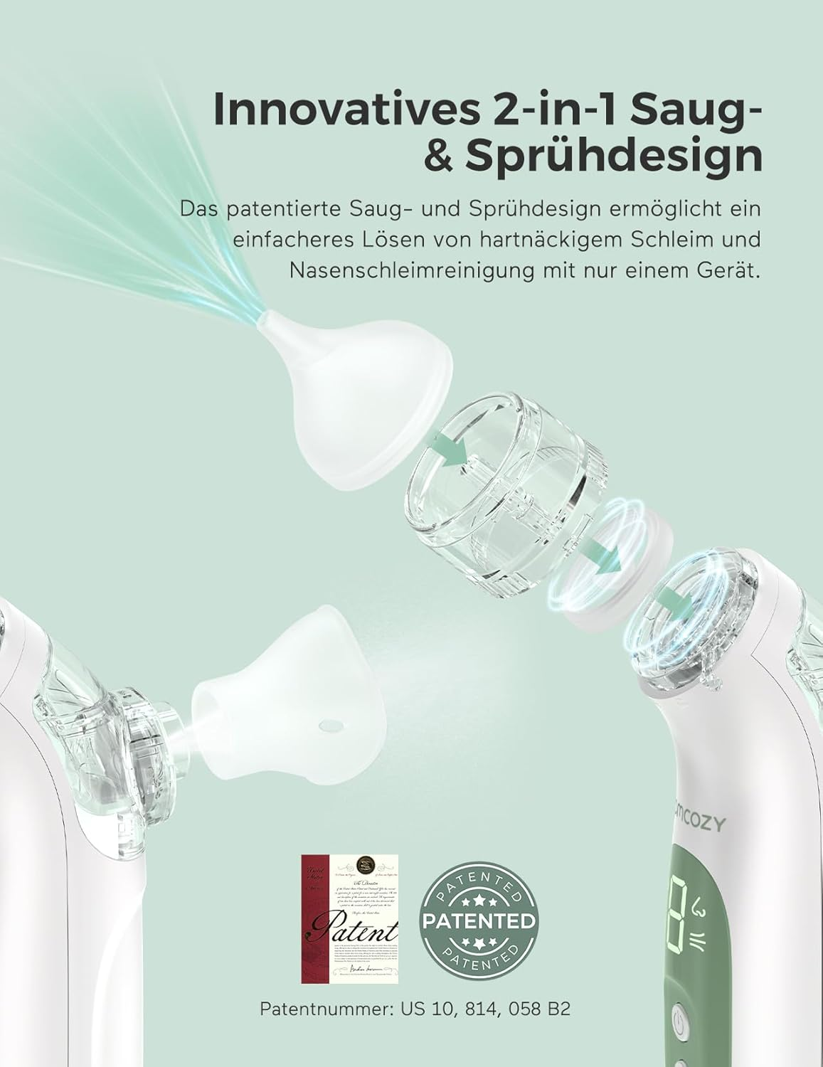 Explosionszeichnung eines 2-in-1 Nasensaugers mit Saug- und Sprühfunktion und Patentdokument.
