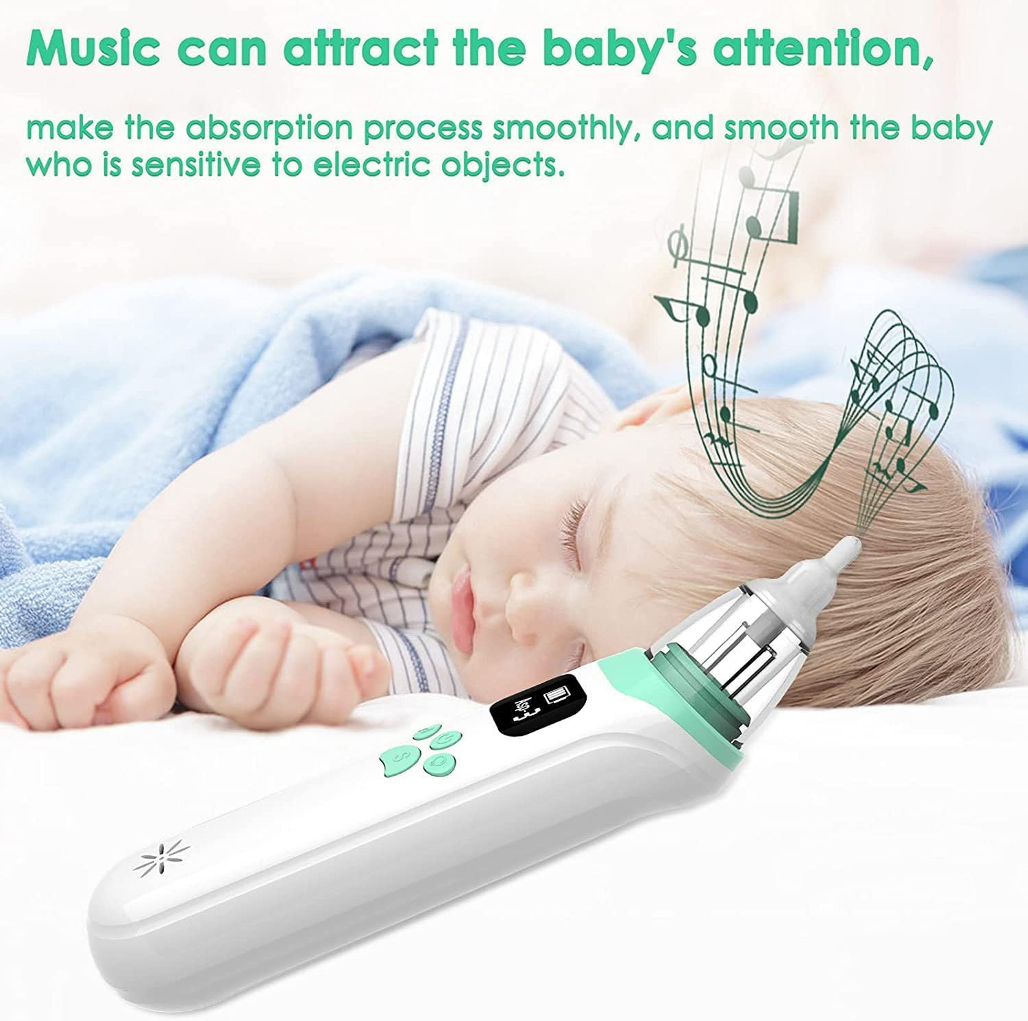 Ein schlafendes Baby neben einem Nasensauger mit Noten darüber.