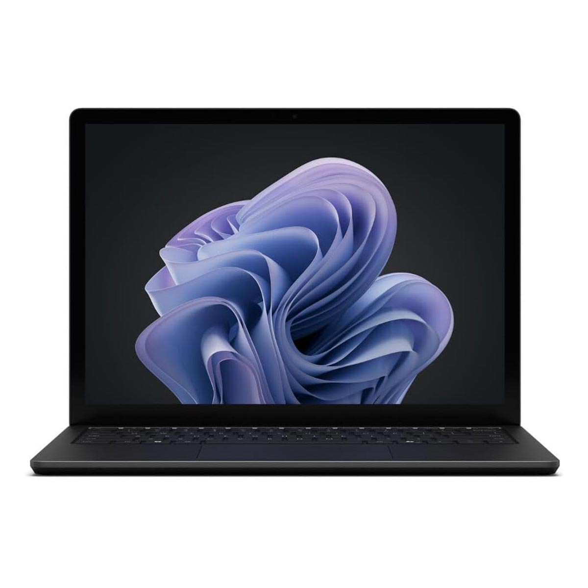 Ein dunkler Laptop mit einem lila abstrakten Hintergrundbild auf dem Bildschirm.