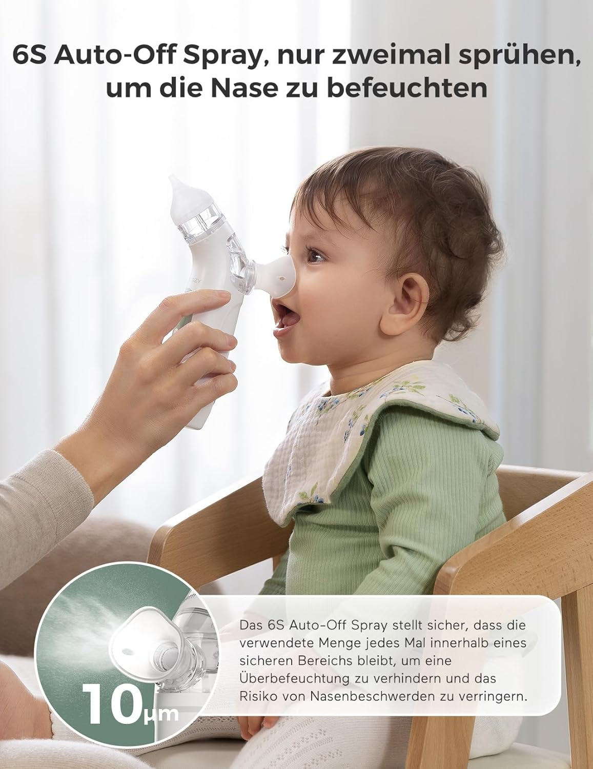Ein Baby wird mit einem Nasenspray behandelt, das 10µm feinen Nebel erzeugt.