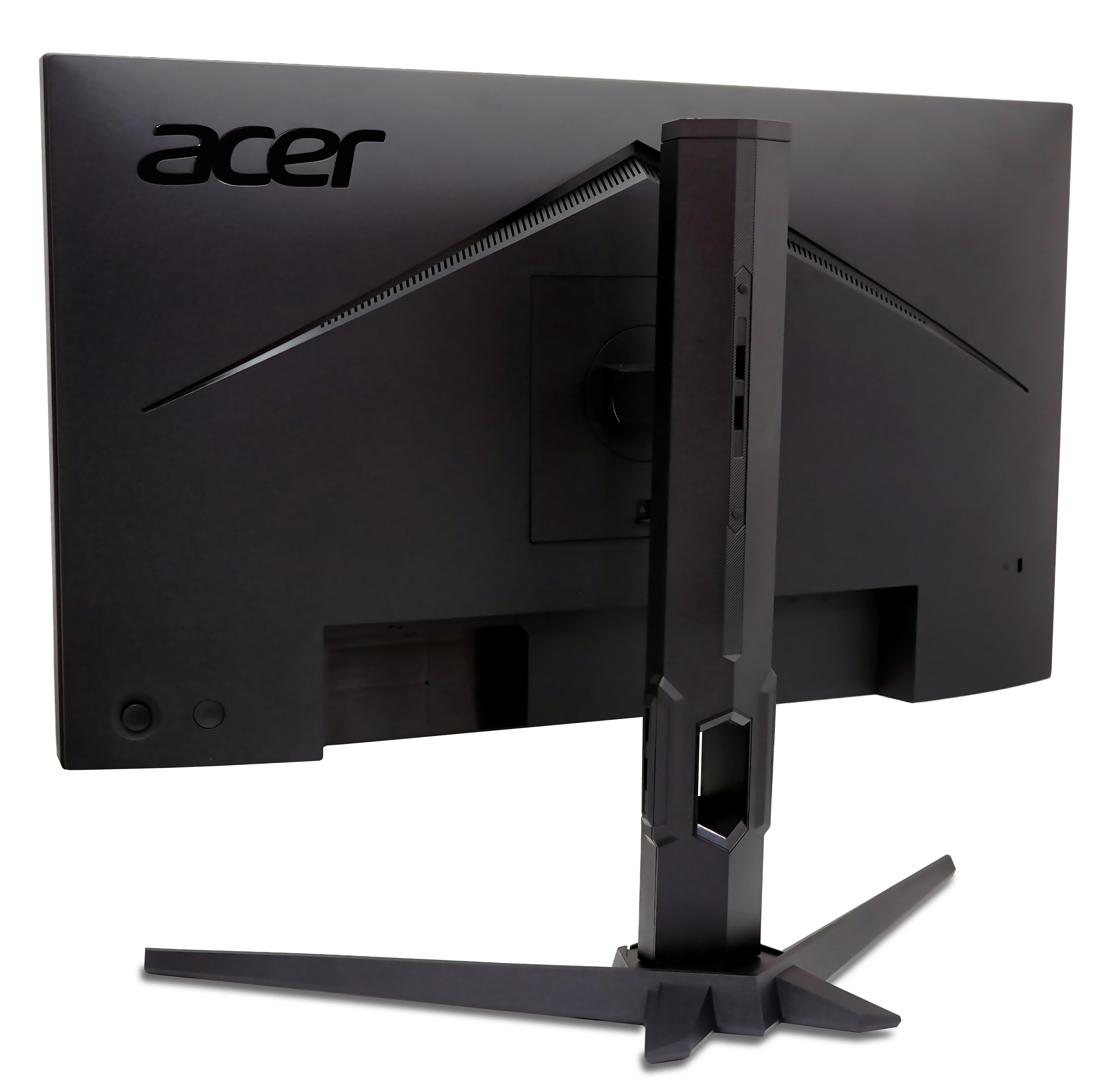 Tył czarnego monitora Acer z szeroką podstawą.