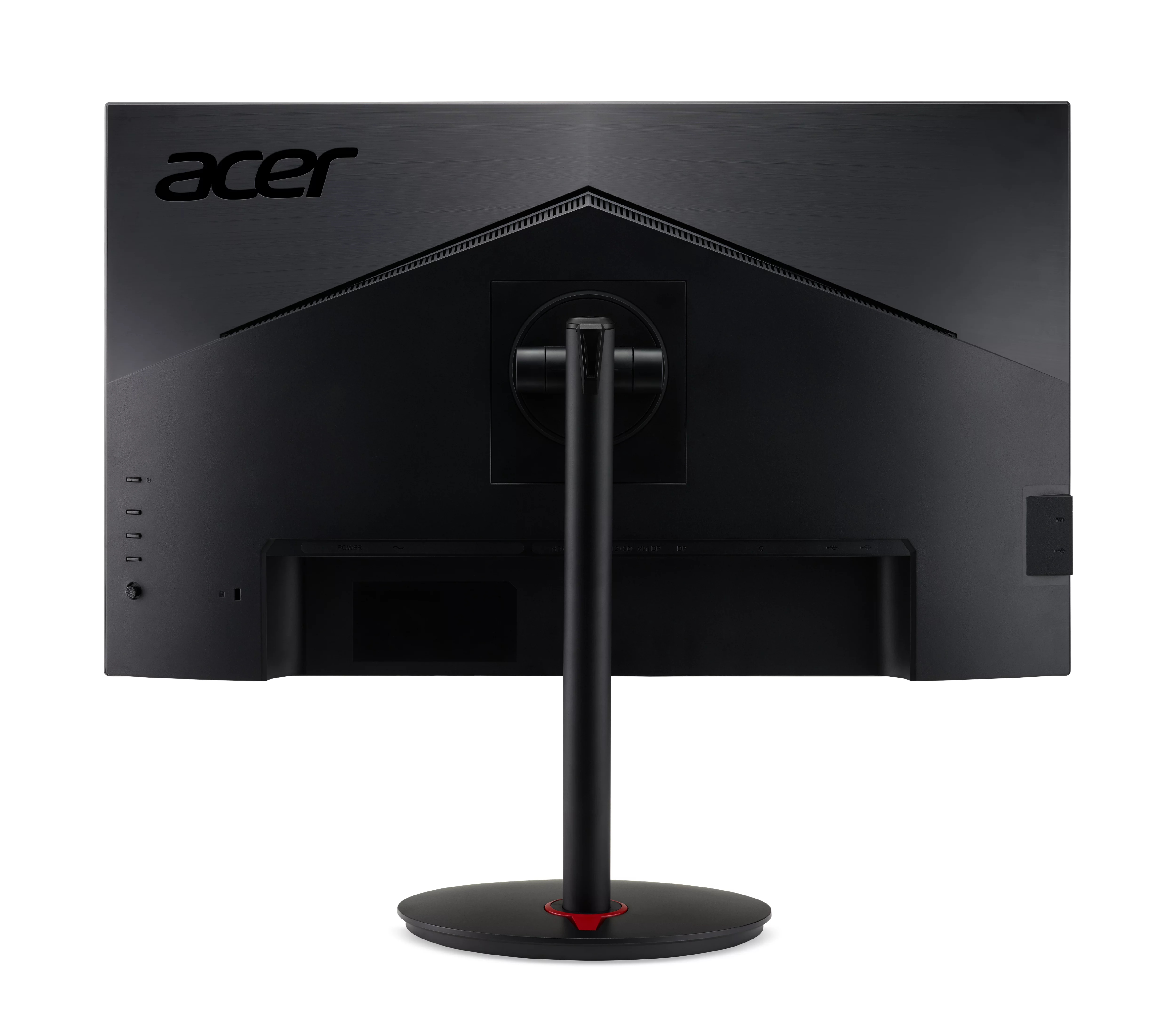 Tył czarnego monitora Acer ze stojakiem i portami. Widoczne logo.