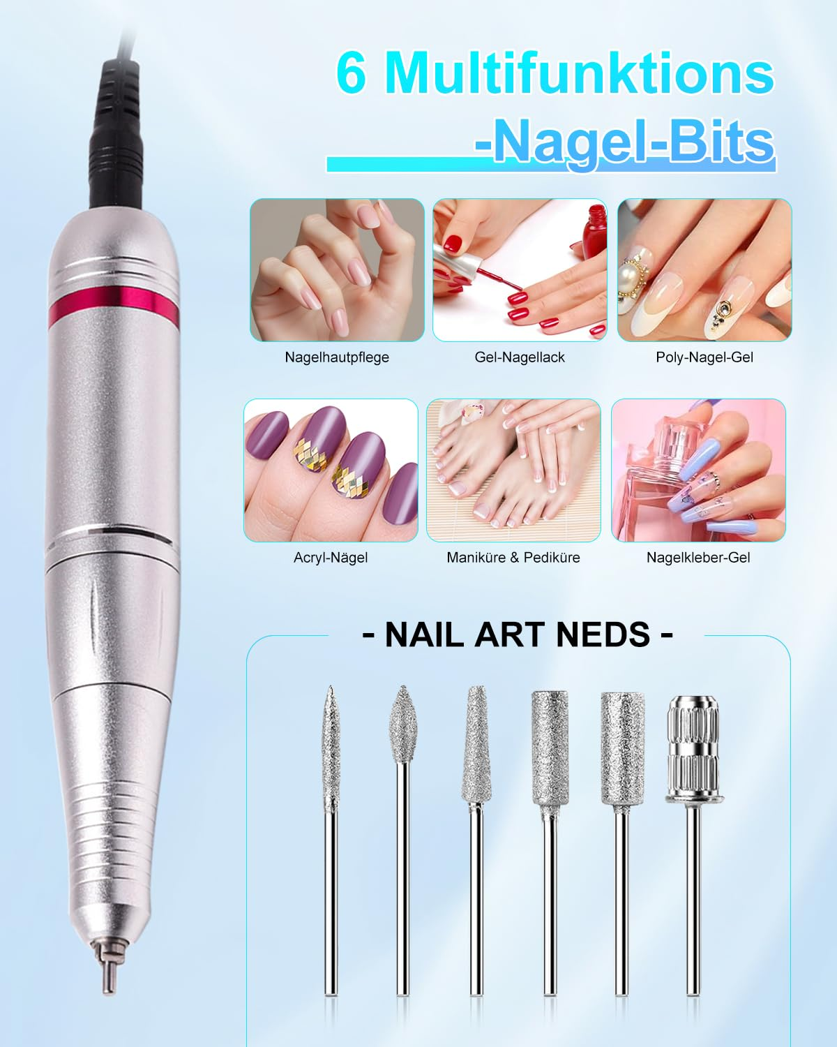 Ein Nagelpflegegerät mit 6 Bits, zeigt verschiedene Nagelkunsttechniken.