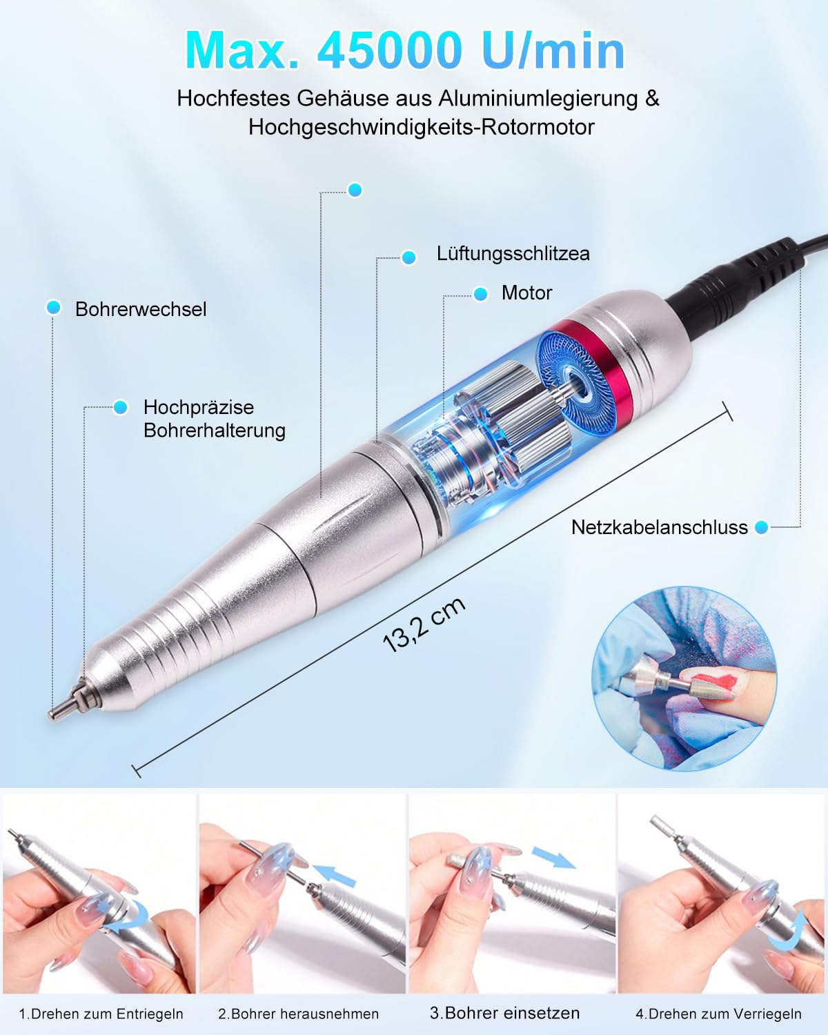 Nagelbohrer mit detaillierten Teilen, 13,2 cm lang, max. 45000 U/min.