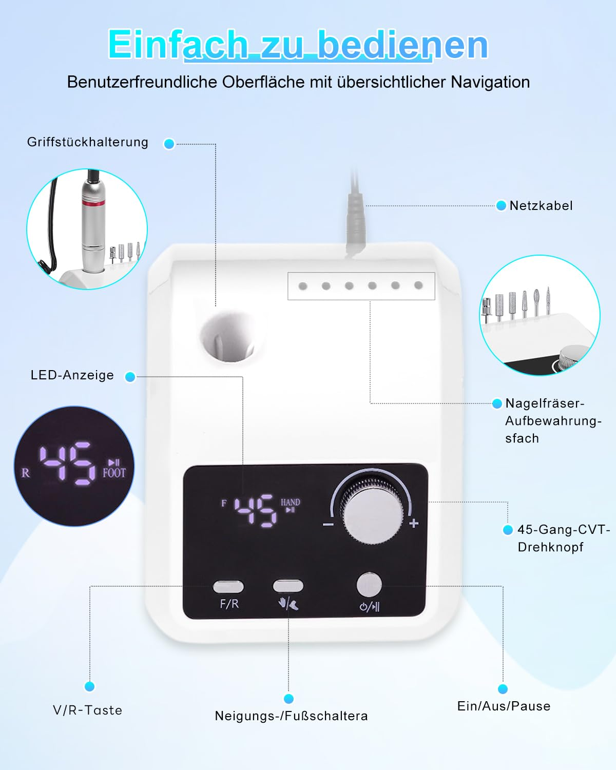 Nagelfräser-Einheit mit LED-Anzeige, Drehknopf und Bedienelementen.