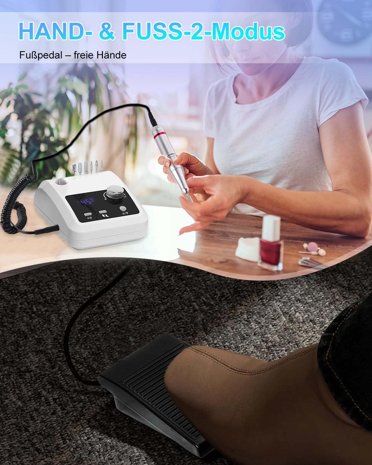 Eine Person bedient ein Nagelstudio-Gerät mit einem Handstück und Fußpedal.
