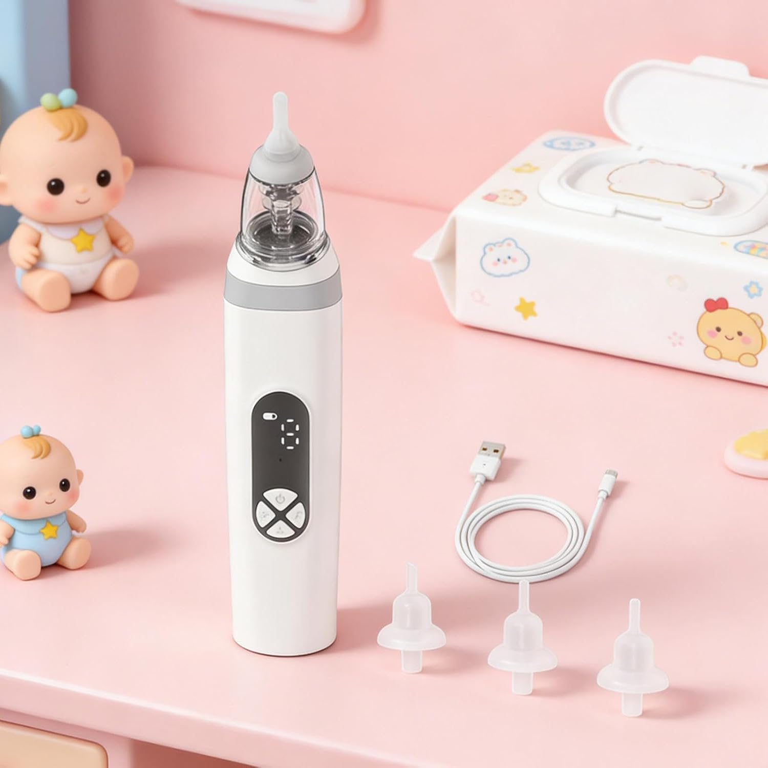Ein weißer Nasensauger mit USB-Kabel, Aufsätzen und Babypuppen auf rosa Hintergrund.