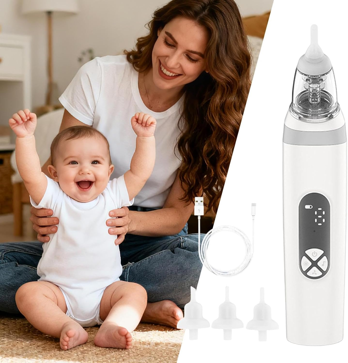 Glückliches Baby mit erhobenen Armen, Mutter lächelt dahinter. Produkt mit Zubehör.