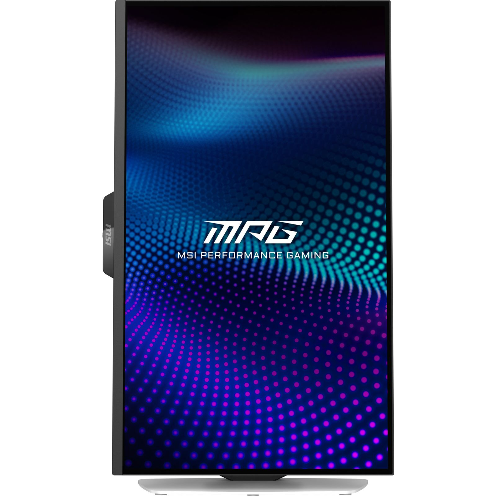 Un monitor da gioco MSI verticale con un motivo astratto di punti blu e viola.