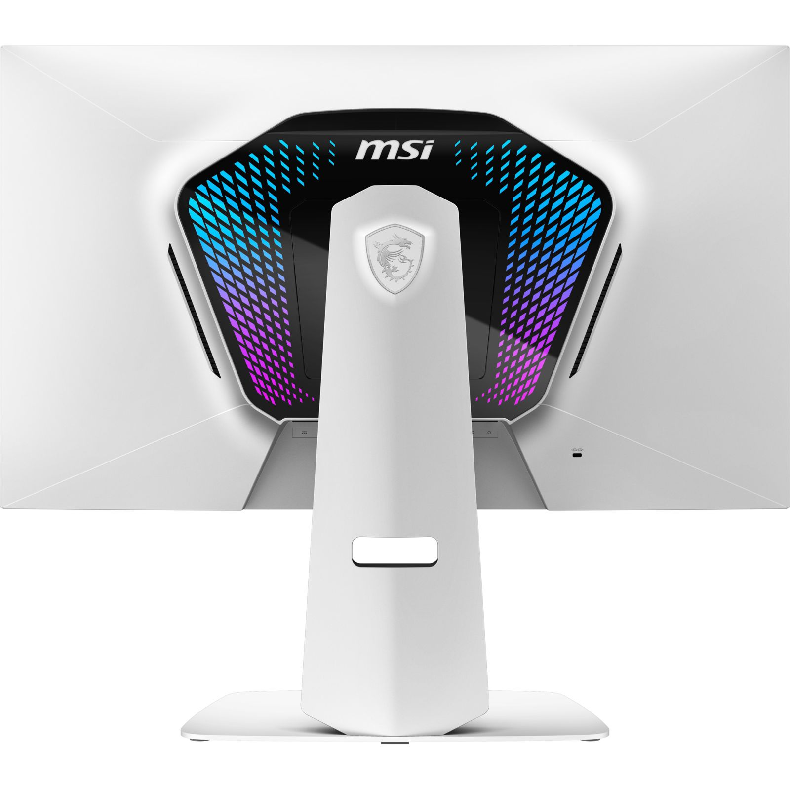 Monitor MSI bianco con retro illuminato e logo drago.