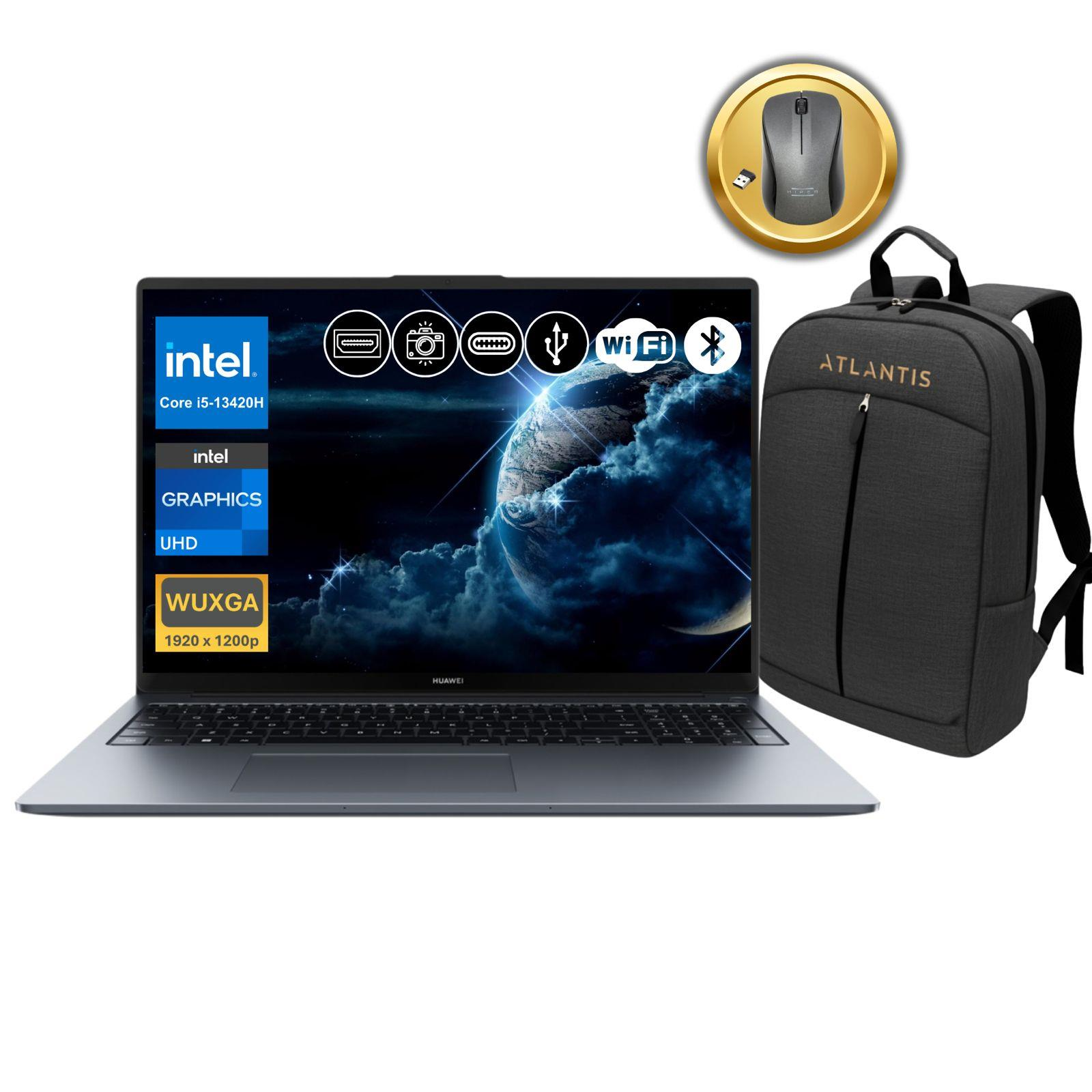 Intel Core i5 işlemcili dizüstü bilgisayar, fare ve sırt çantası.