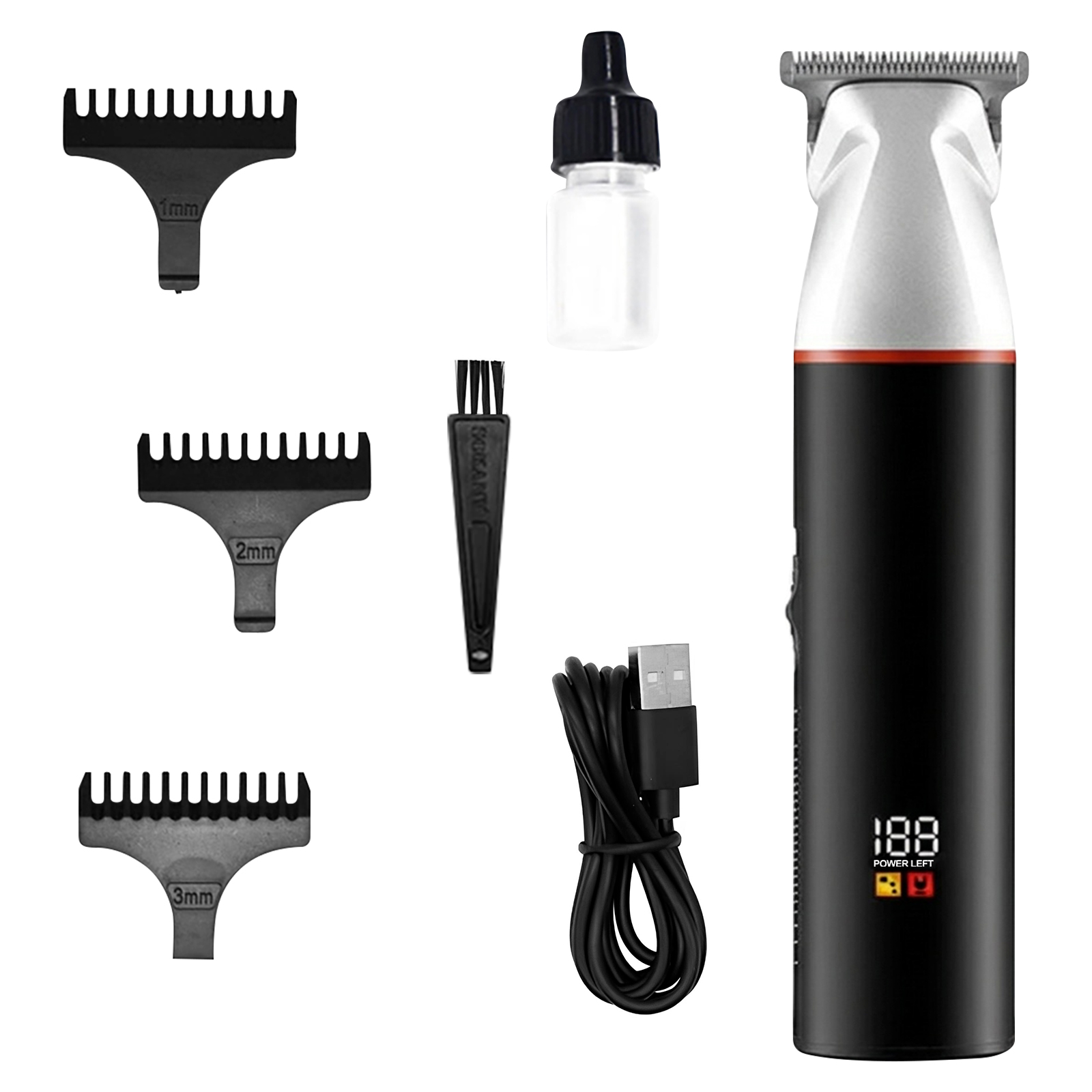 Ein schwarzer Haartrimmer mit Zubehör: 3 Aufsteckkämme, Öl, Bürste, USB-Kabel.
