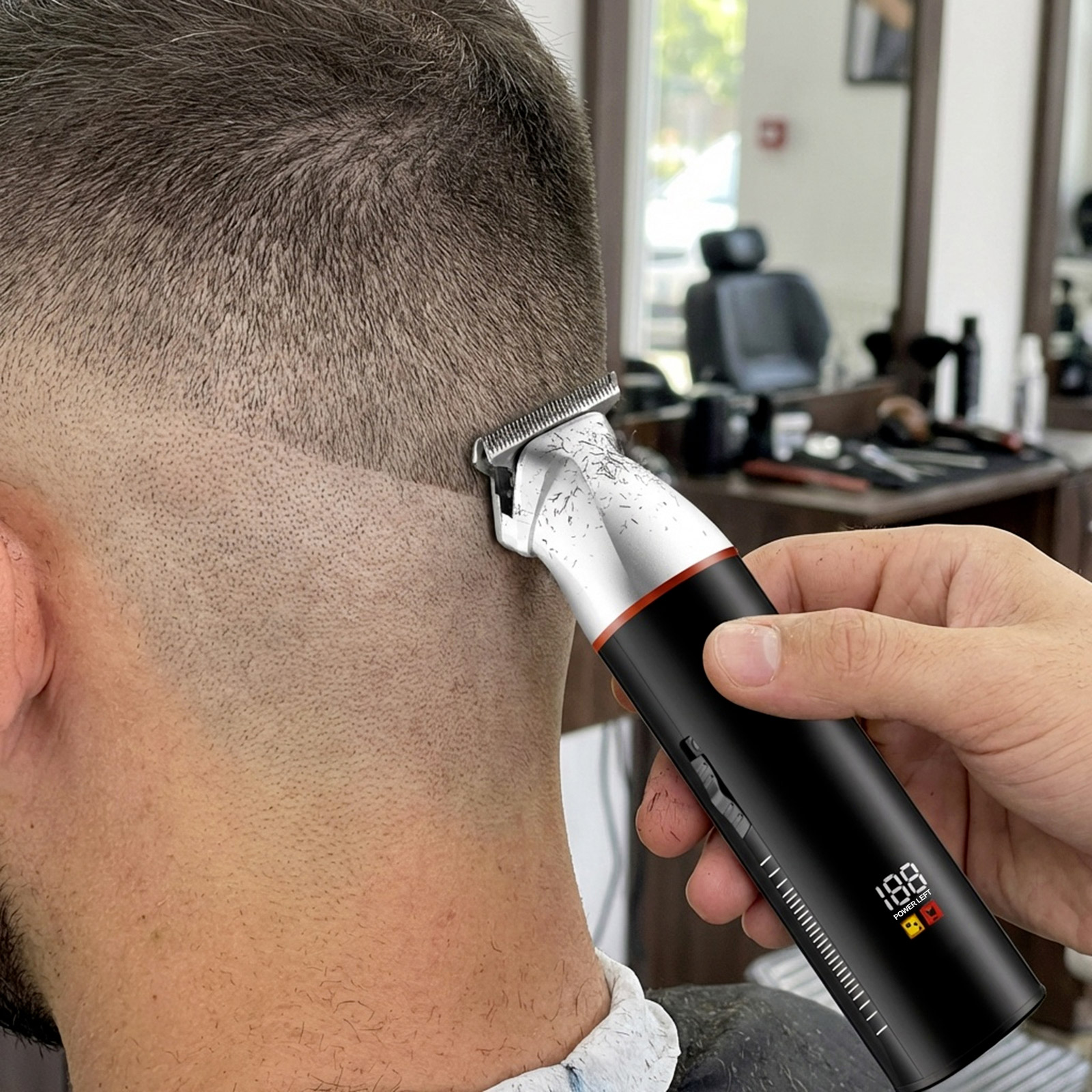 Eine Barberhand hält einen schwarzen elektrischen Trimmer und schneidet Haare auf dem Kopf eines Mannes. 