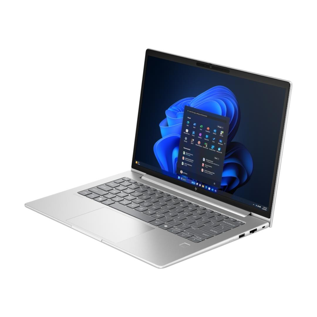 Windows 11 logosu ve simgeleri gösteren koyu ekranlı gümüş rengi HP dizüstü bilgisayar.