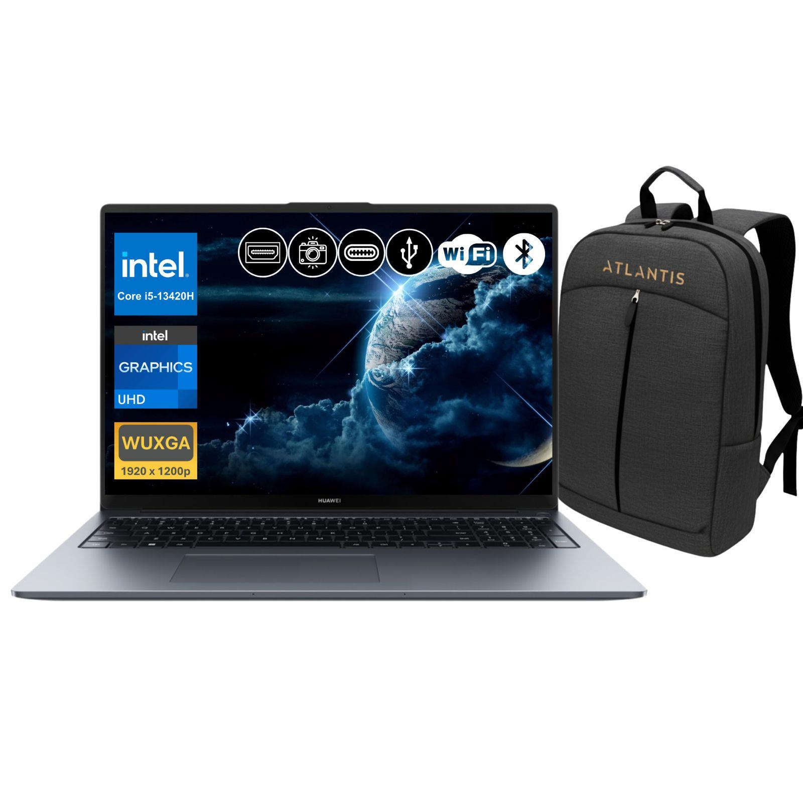 Intel Core i5 işlemcili gri dizüstü bilgisayar ve yanında Atlantis sırt çantası.