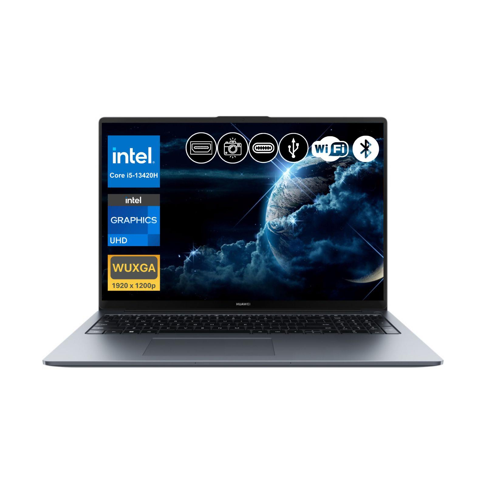 Intel Core i5 işlemcili ve WUXGA ekranlı gümüş Huawei dizüstü bilgisayar.