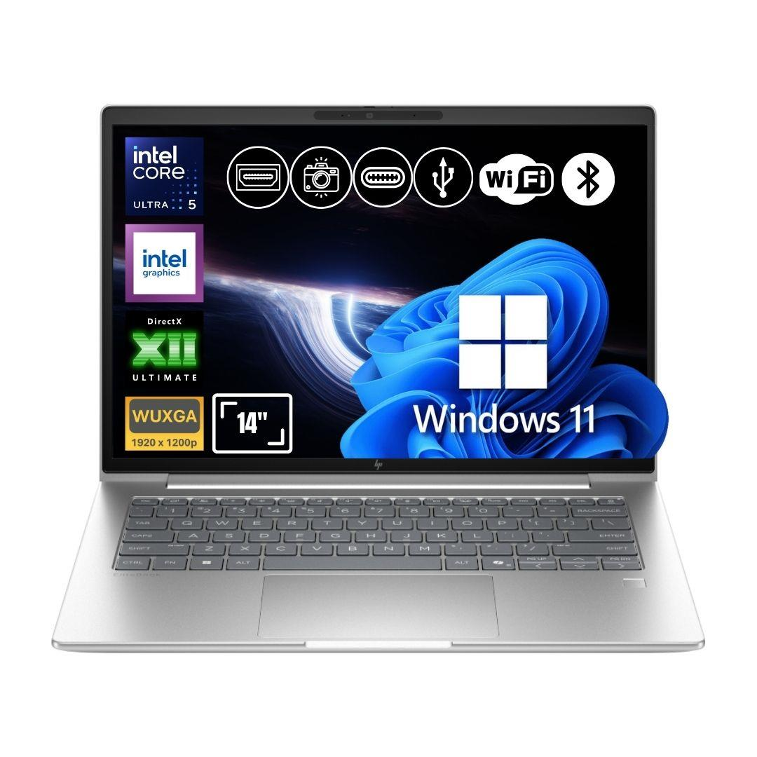 Windows 11 ve Intel Core Ultra 5 işlemcili gümüş rengi dizüstü bilgisayar.
