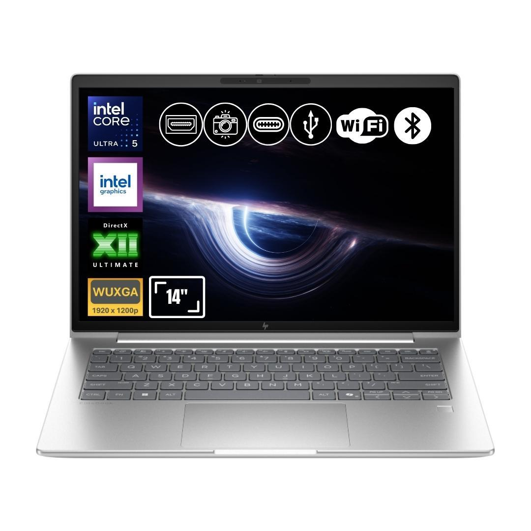 Intel Core Ultra 5, 14 inç ekran, WUXGA özellikli gümüş laptop.