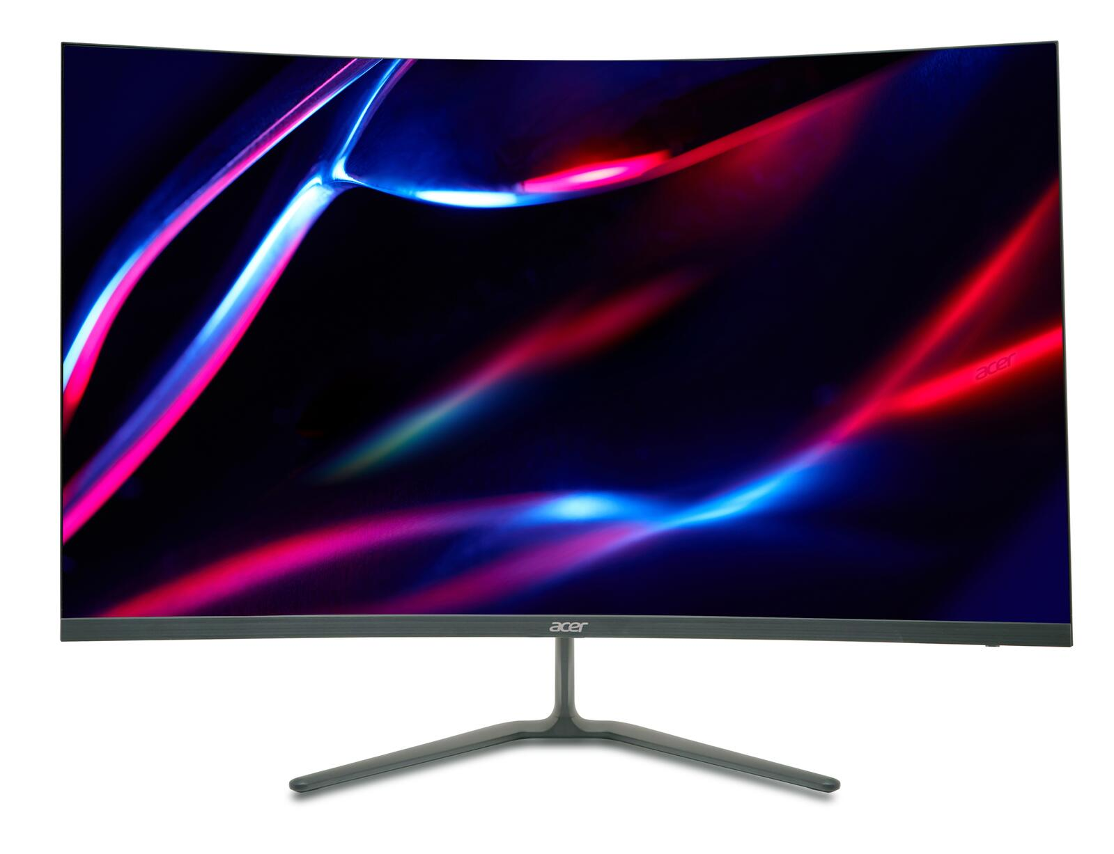 Zakrzywiony monitor Acer z ciemnym tłem i świecącymi czerwonymi i niebieskimi liniami.