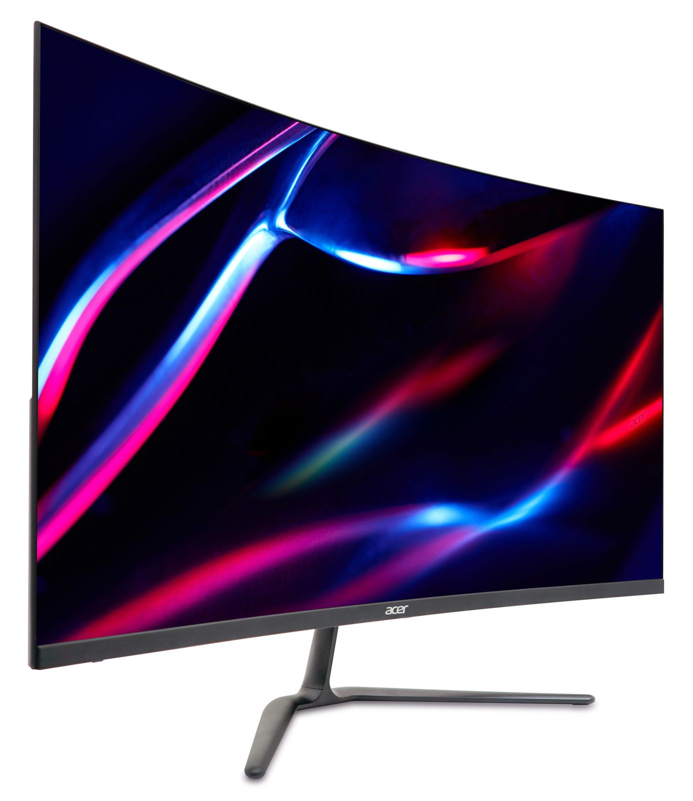 Zakrzywiony monitor Acer z ciemnym tłem i żywymi niebieskimi i różowymi smugami światła.