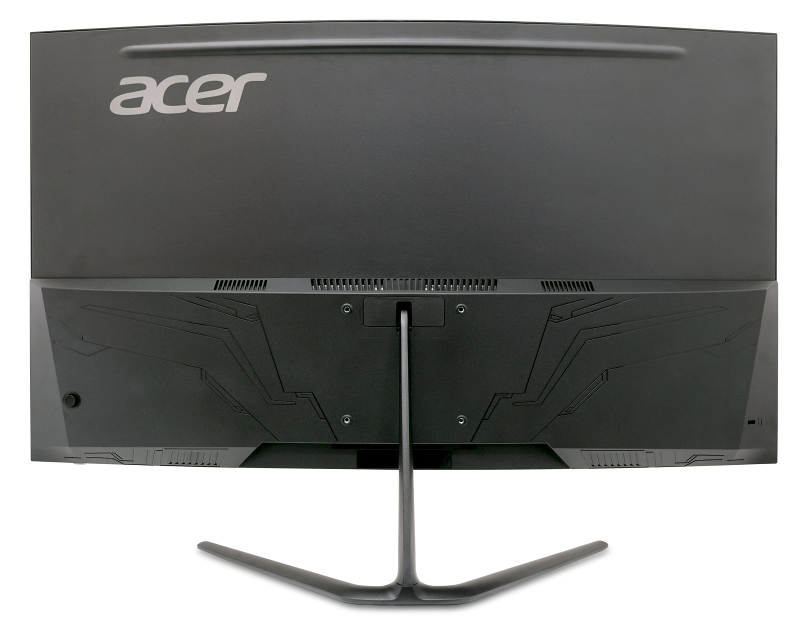 Tył czarnego monitora Acer z srebrnym logo i podstawką.