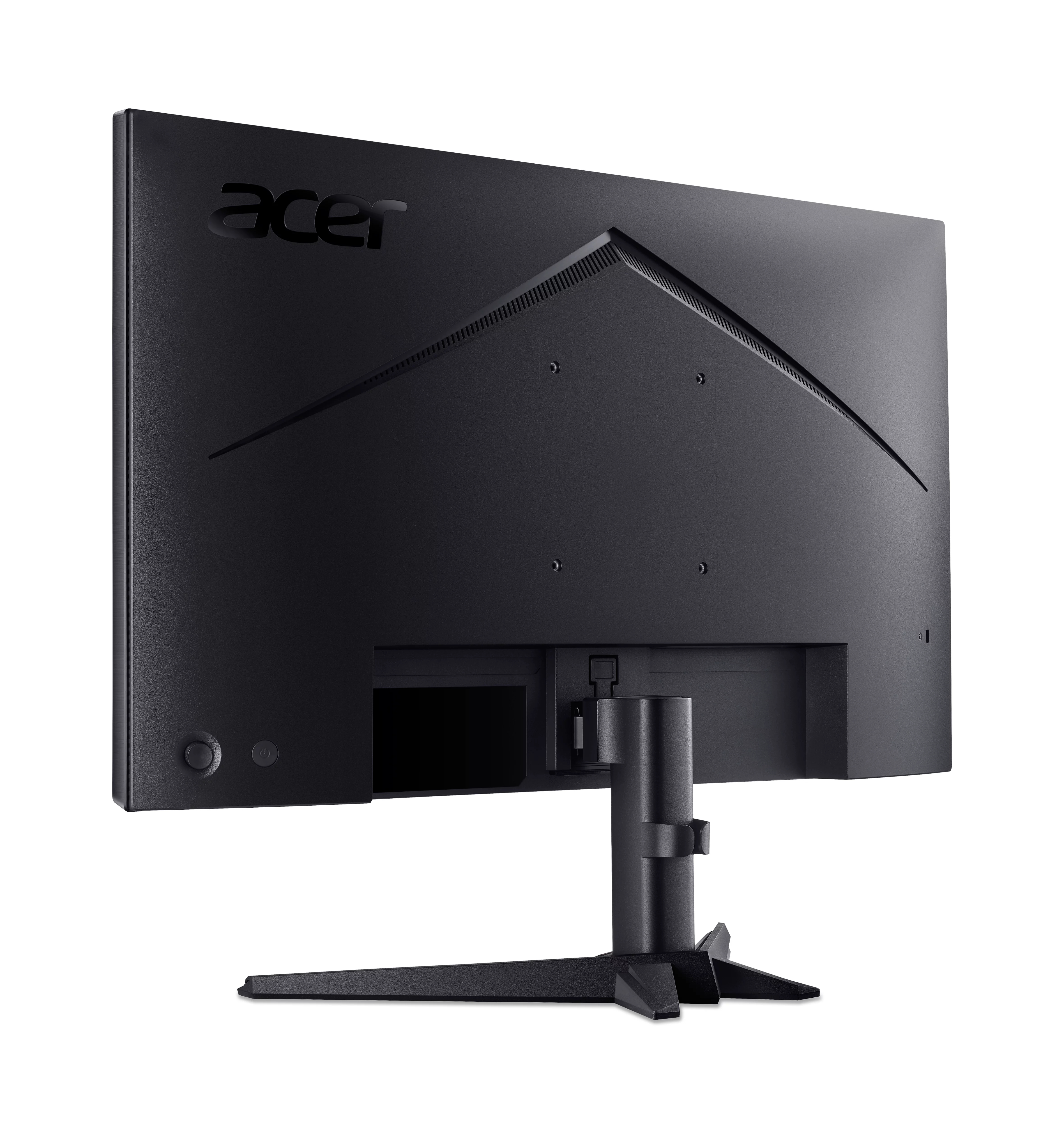 Retro di un monitor Acer nero con supporto e porte su sfondo bianco.