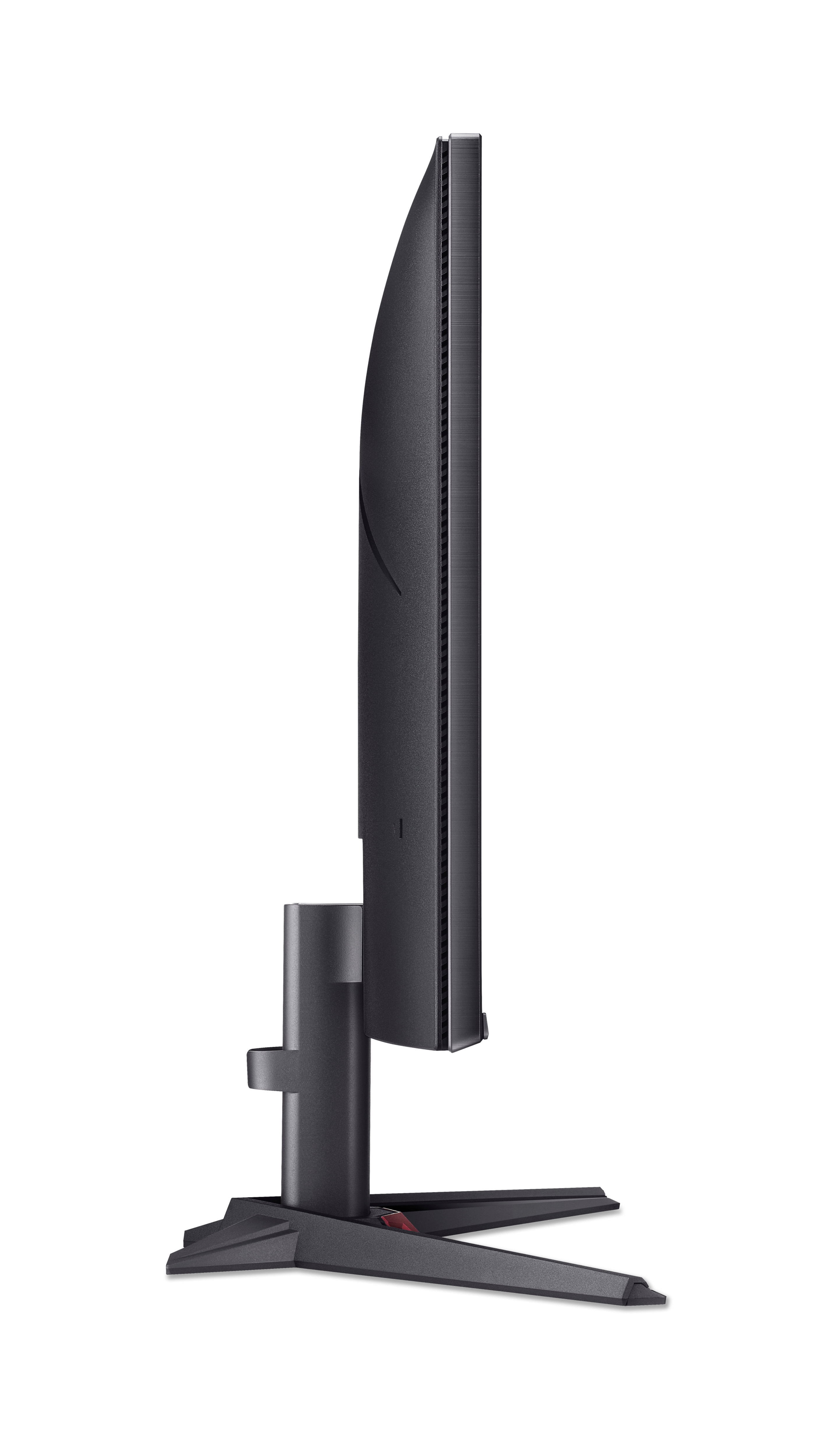 Un monitor di computer nero visto di profilo su sfondo bianco.