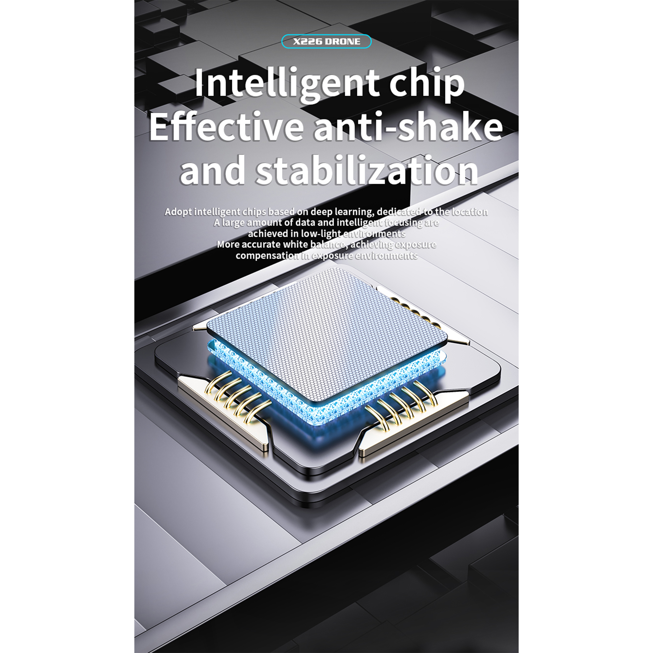 Ein leuchtender Chip mit goldenen Verbindungen, der auf einer dunklen Oberfläche sitzt.
