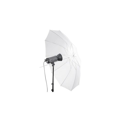 Ein Studioblitz mit einem weißen Schirm auf einem Ständer.
