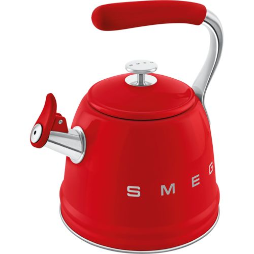 Un bollitore Smeg rosso con manico e coperchio argentati.