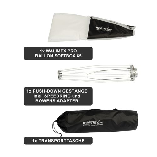 Walimex Pro Ballon Softbox 65, Gestänge, Speedring, Bowens Adapter, und Tasche.