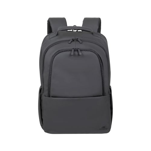 Uno zaino scuro e rettangolare con due tasche con cerniera sul davanti.