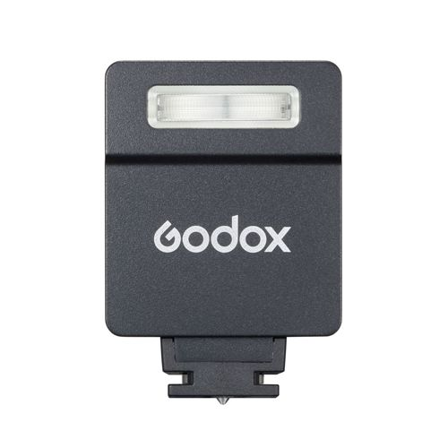 Un flash Godox noir avec un logo blanc et une lumière claire sur le dessus.
